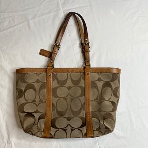 Coach F13097 Signature Jacquard Khaki Leather Trim Shoulder Bag W/ Purple Liner